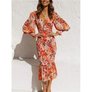 LocalV-Neck Puff Sleeve Floral Smocked Midi Dress